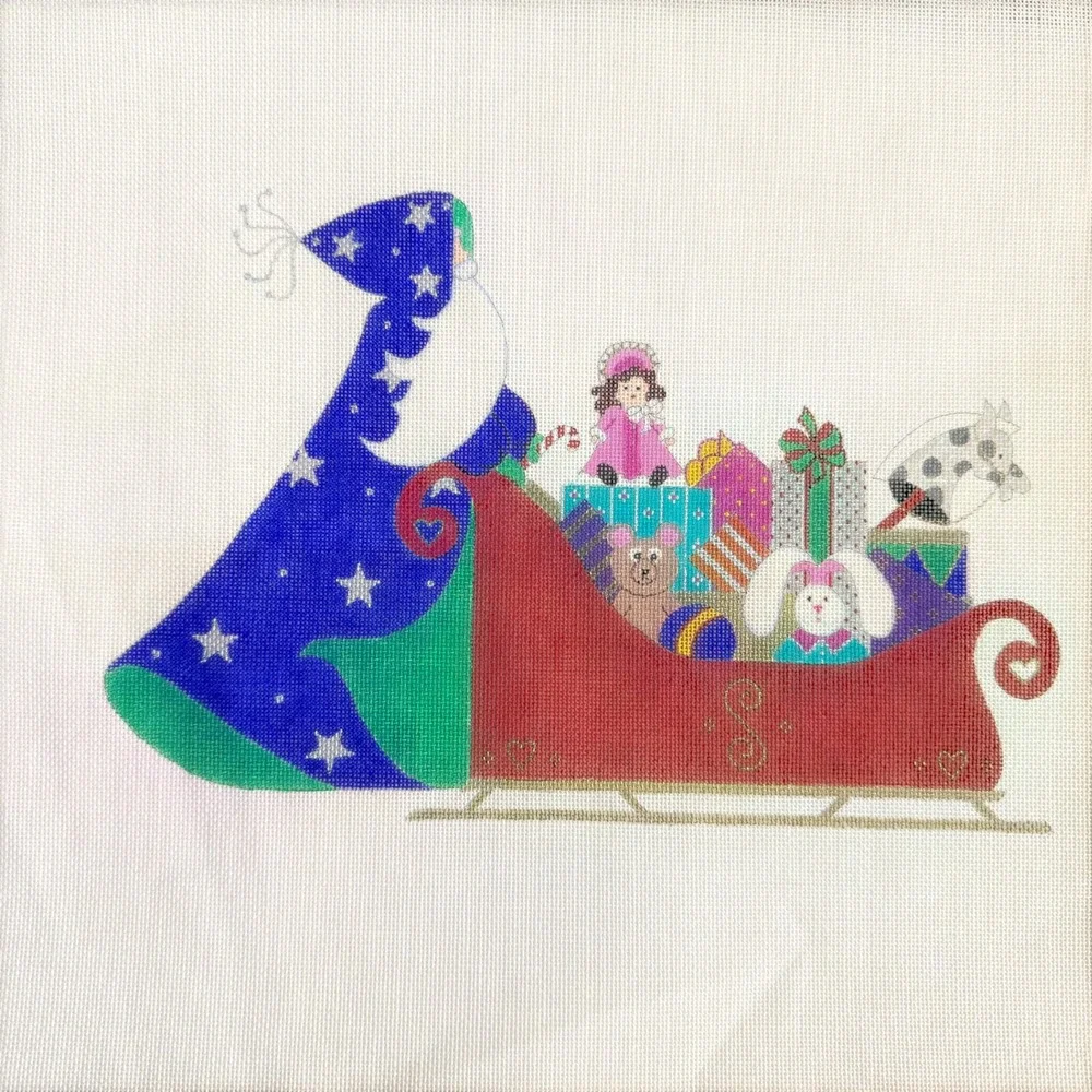 Vintage Santa Sleigh Toys Hand Painted Needlepoint Canvas 9x13 Embellishments